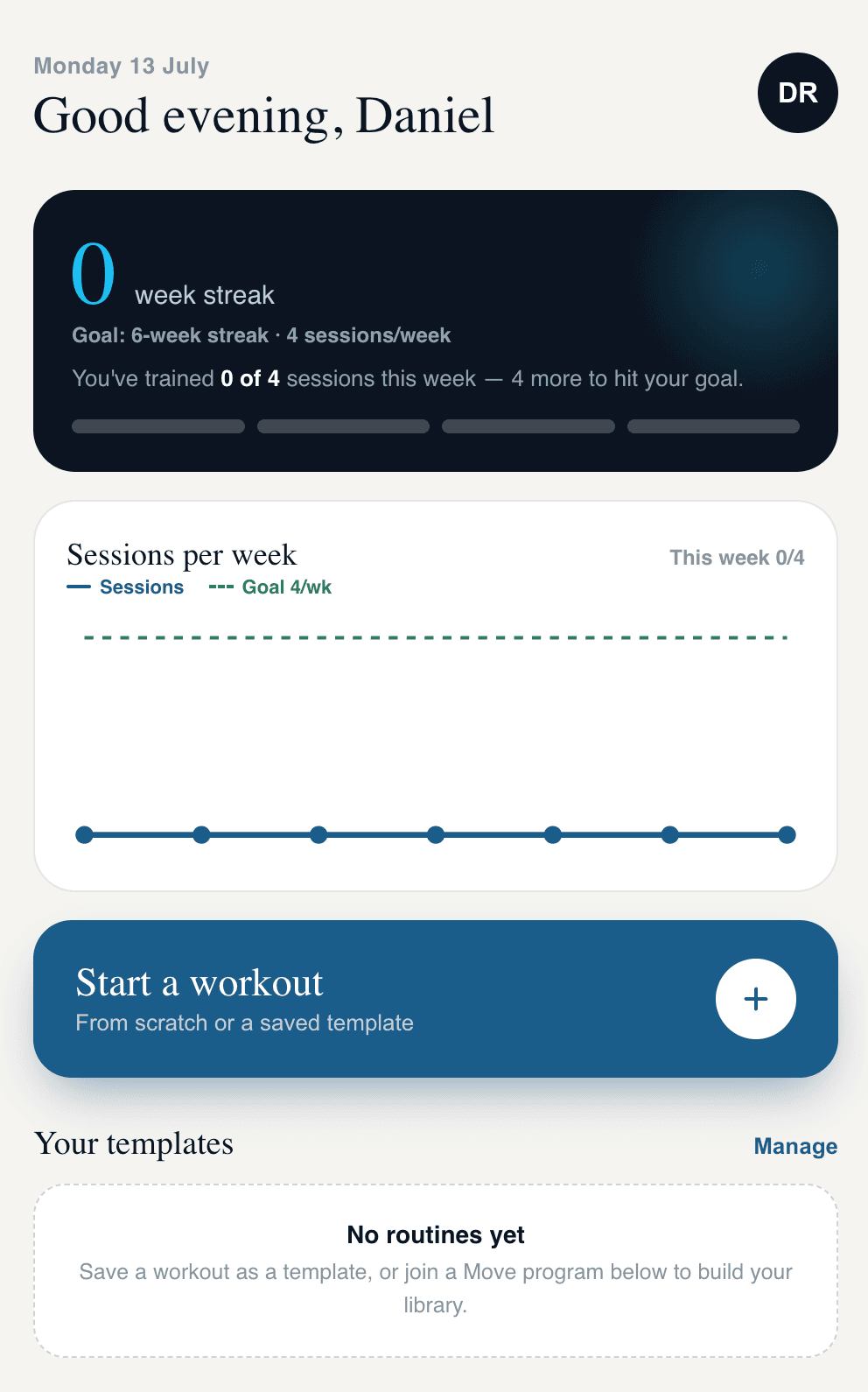 Move Physiotherapy app — Home screen showing your weekly streak and workout templates