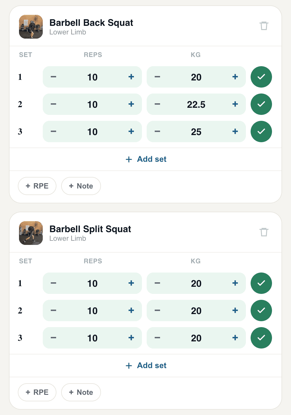 Move Physiotherapy app — logging a workout with reps and weight