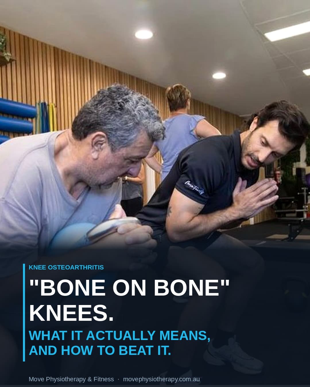 Older man squatting with weight, supervised by physiotherapist, Beeliar clinic