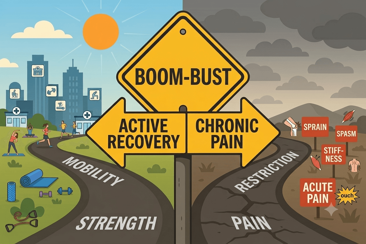 A signpost pointing toward active recovery through mobility and strength, versus chronic pain through restriction and inactivity