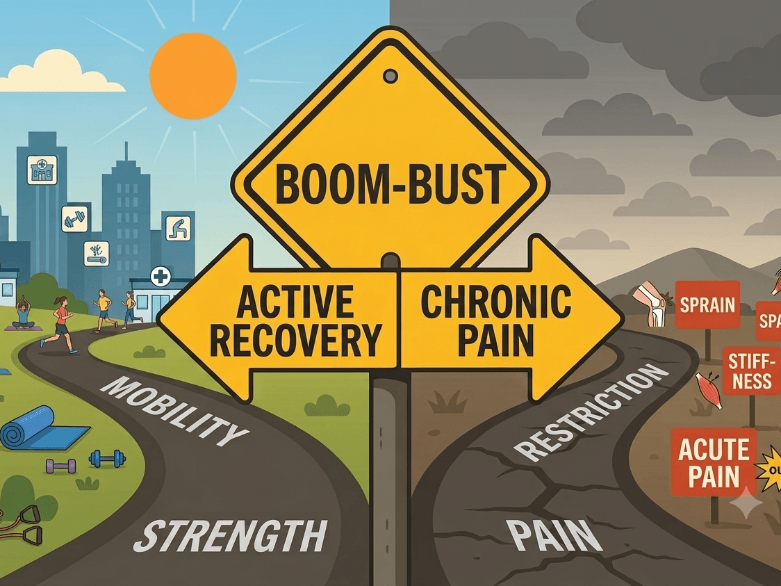 A signpost pointing toward active recovery through mobility and strength, versus chronic pain through restriction and inactivity