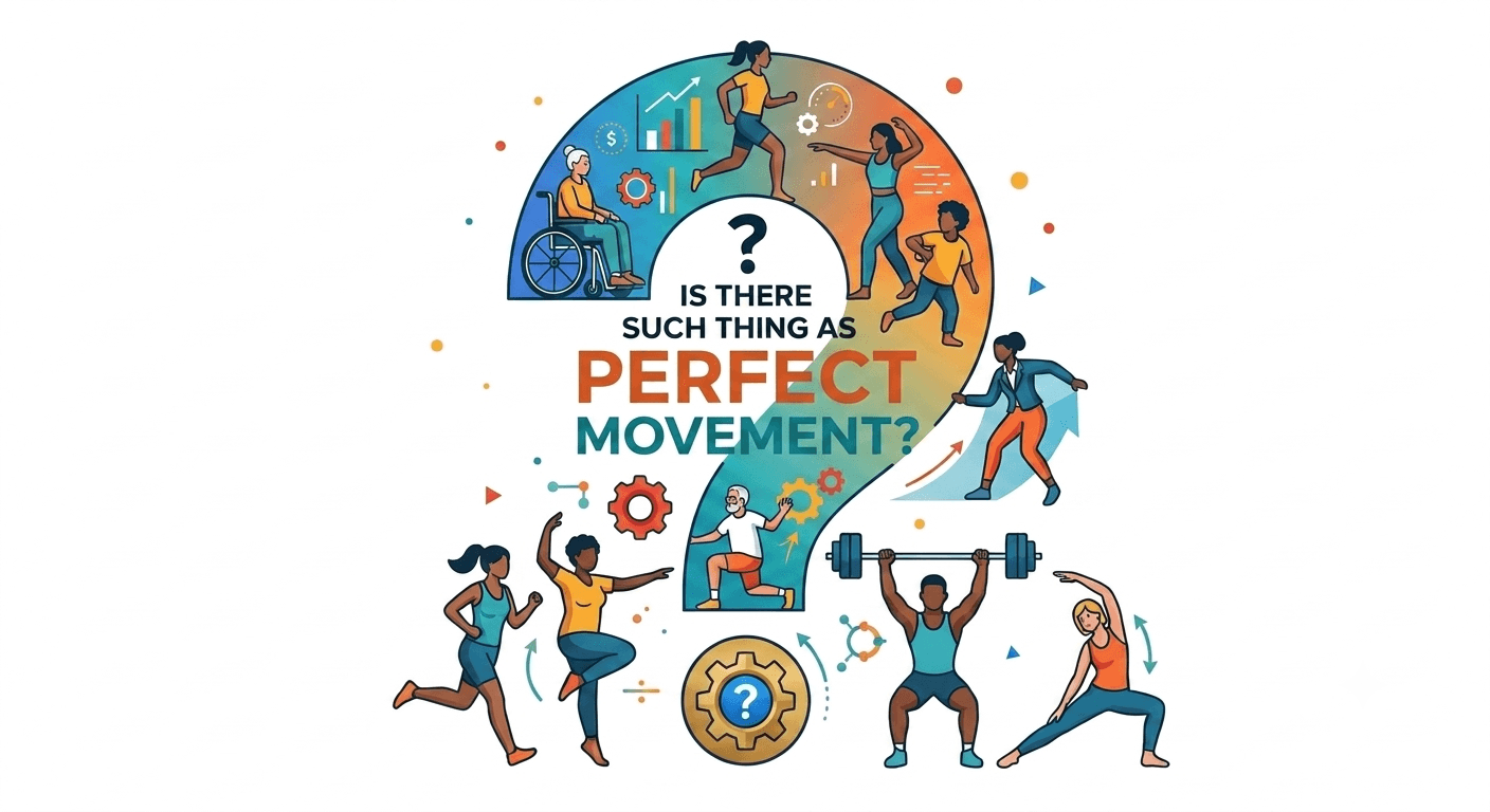 Illustration of a question mark made from people exercising in different ways, asking is there such a thing as perfect movement