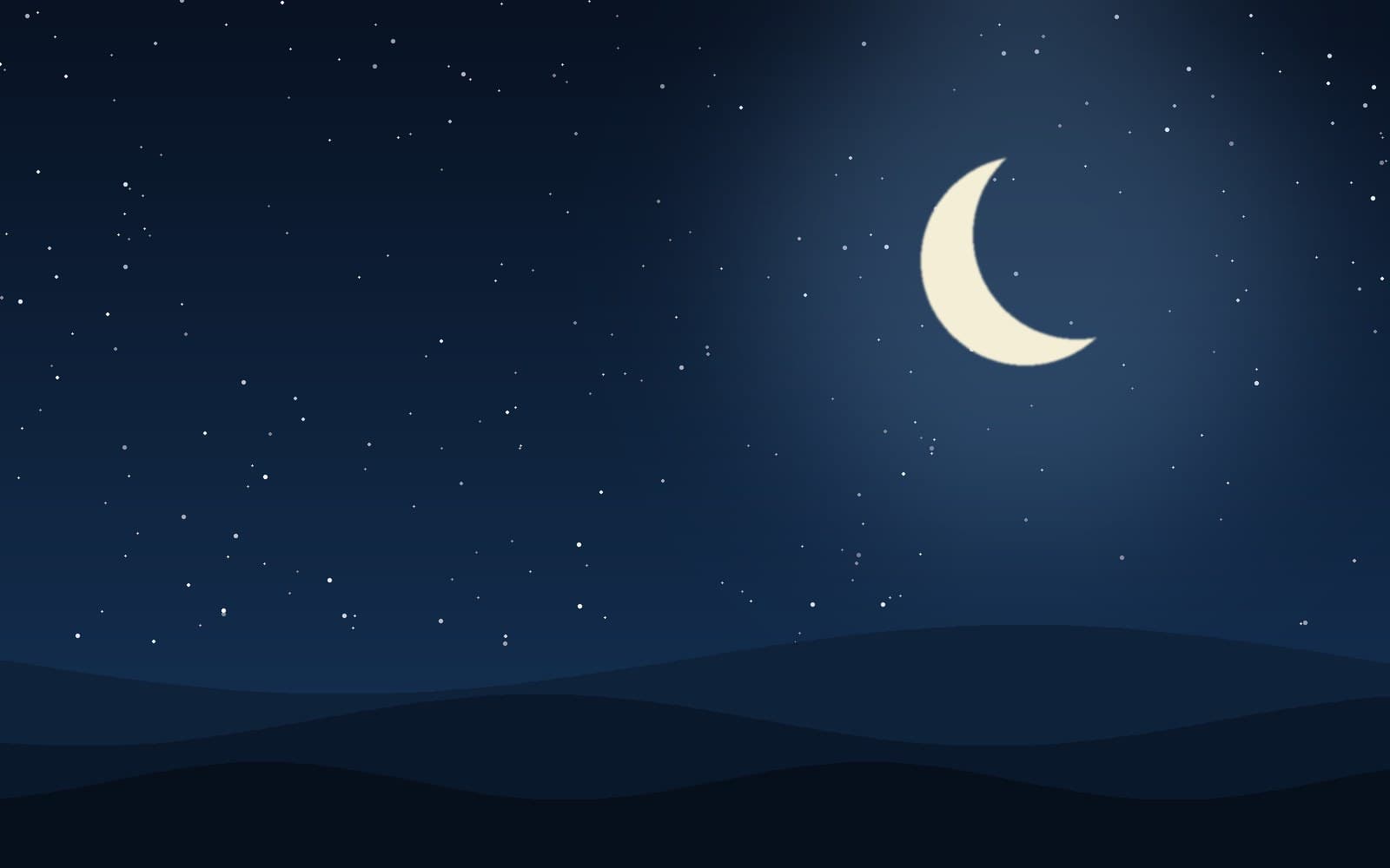Crescent moon in a starry night sky over rolling hills