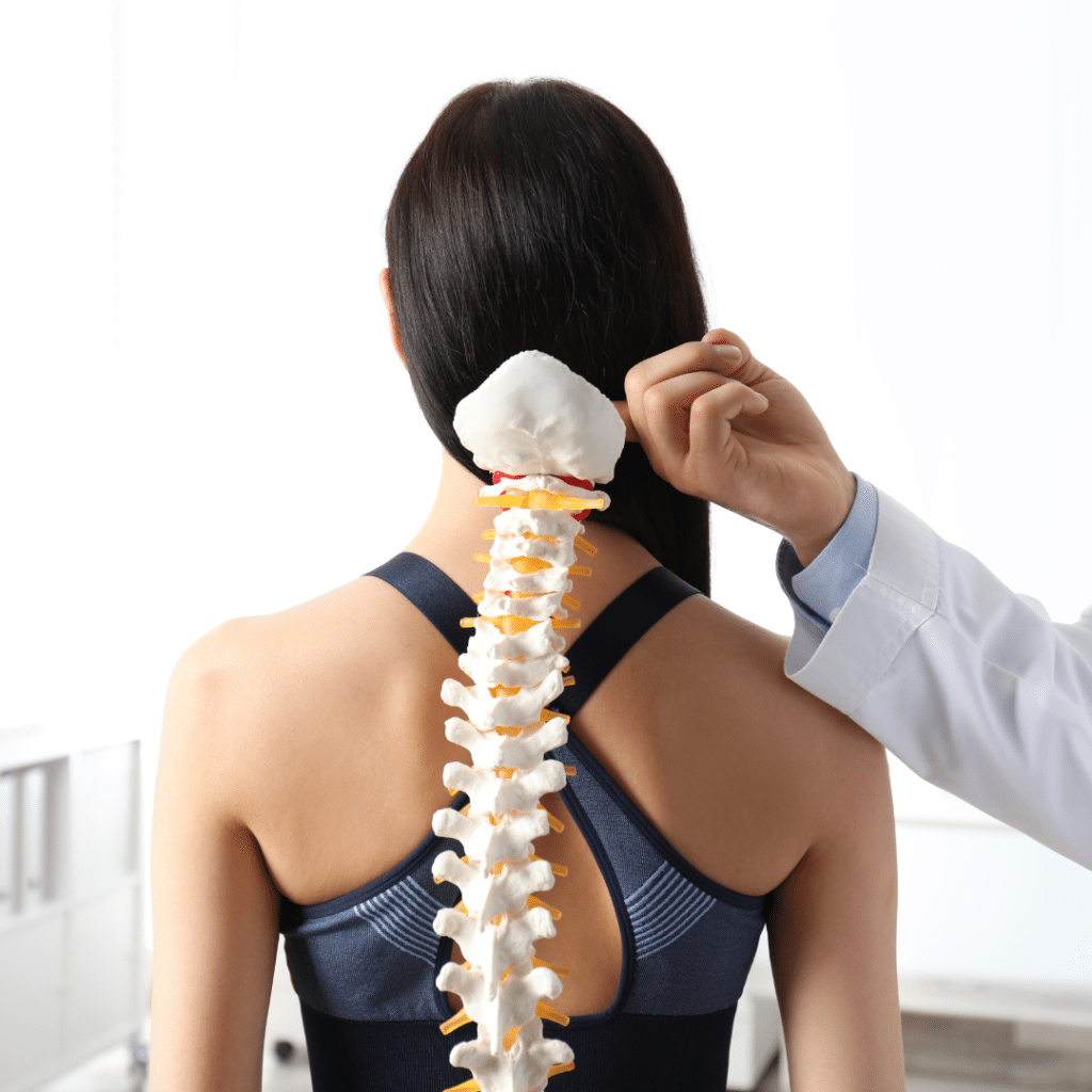 Doctor is holding an artificial spinal bone model against the woman's back, demonstrating a check for osteoporosis.